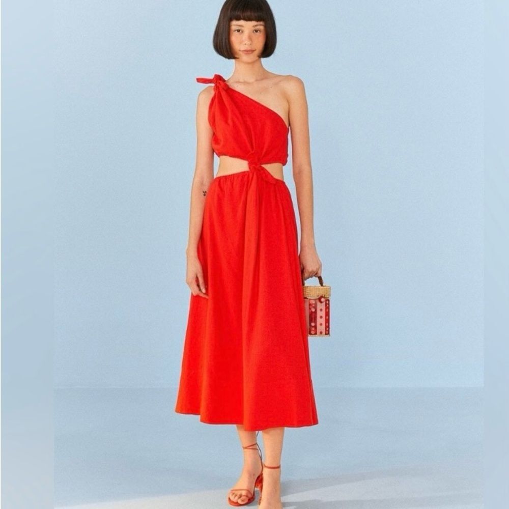 FARM Rio Vibrant Red One-Shoulder Midi Dress